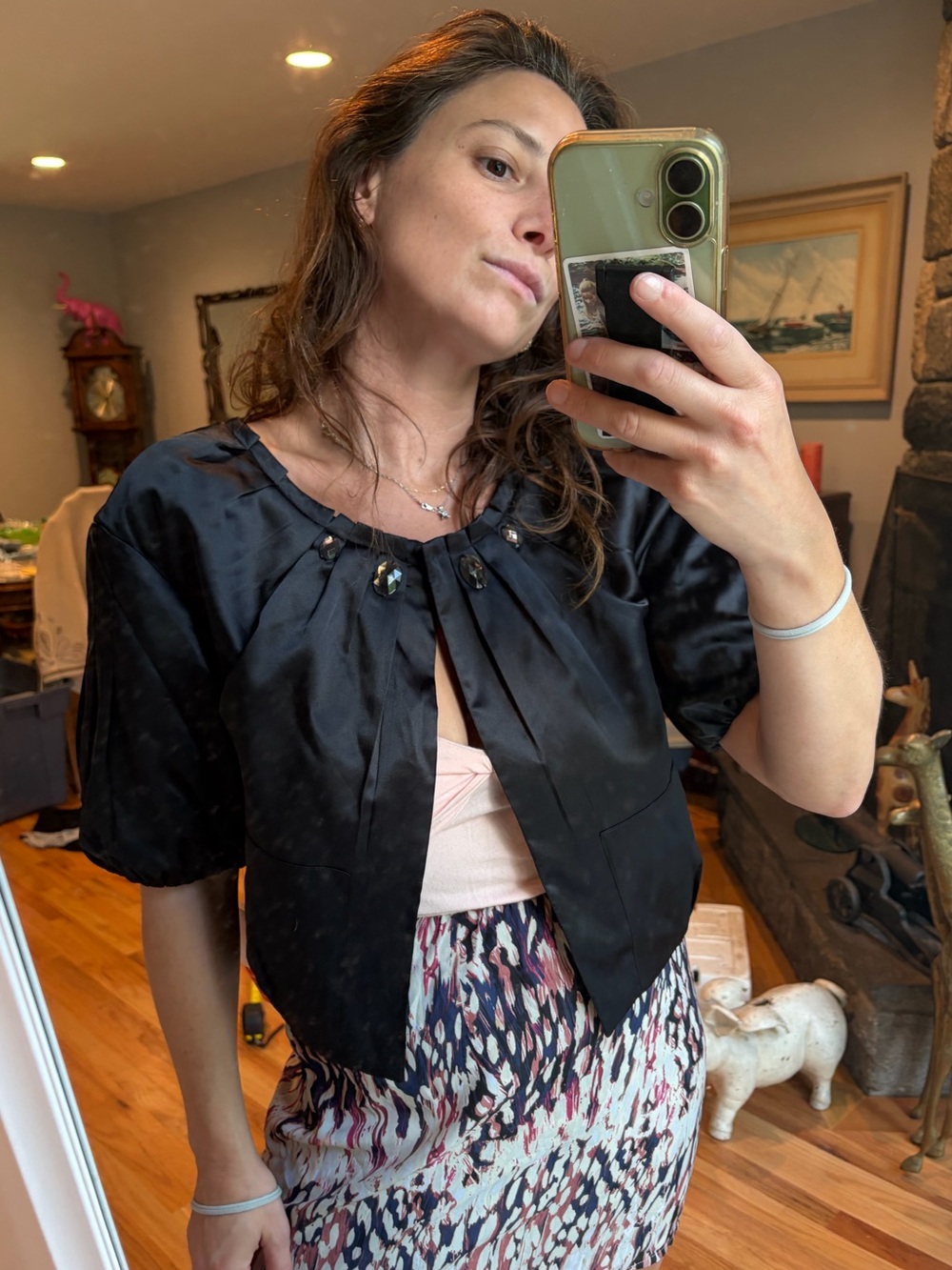 ELLE NWT Black Satin Jeweled Cropped Jacket Puff Sleeve Small